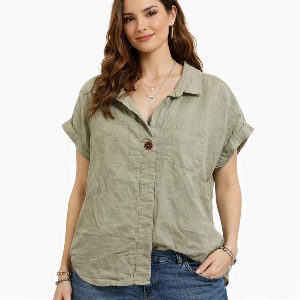 ELLEN TRACY Linen Cap Sleeve Collared Button Up Shirt Top Minimalist Size Medium